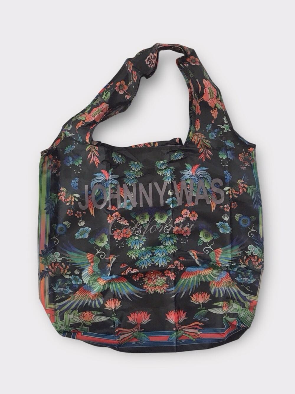 Johnny Was CA NWOT Floral Bird Tote Nylon Reusable Folding Shop Bag Black  Pink